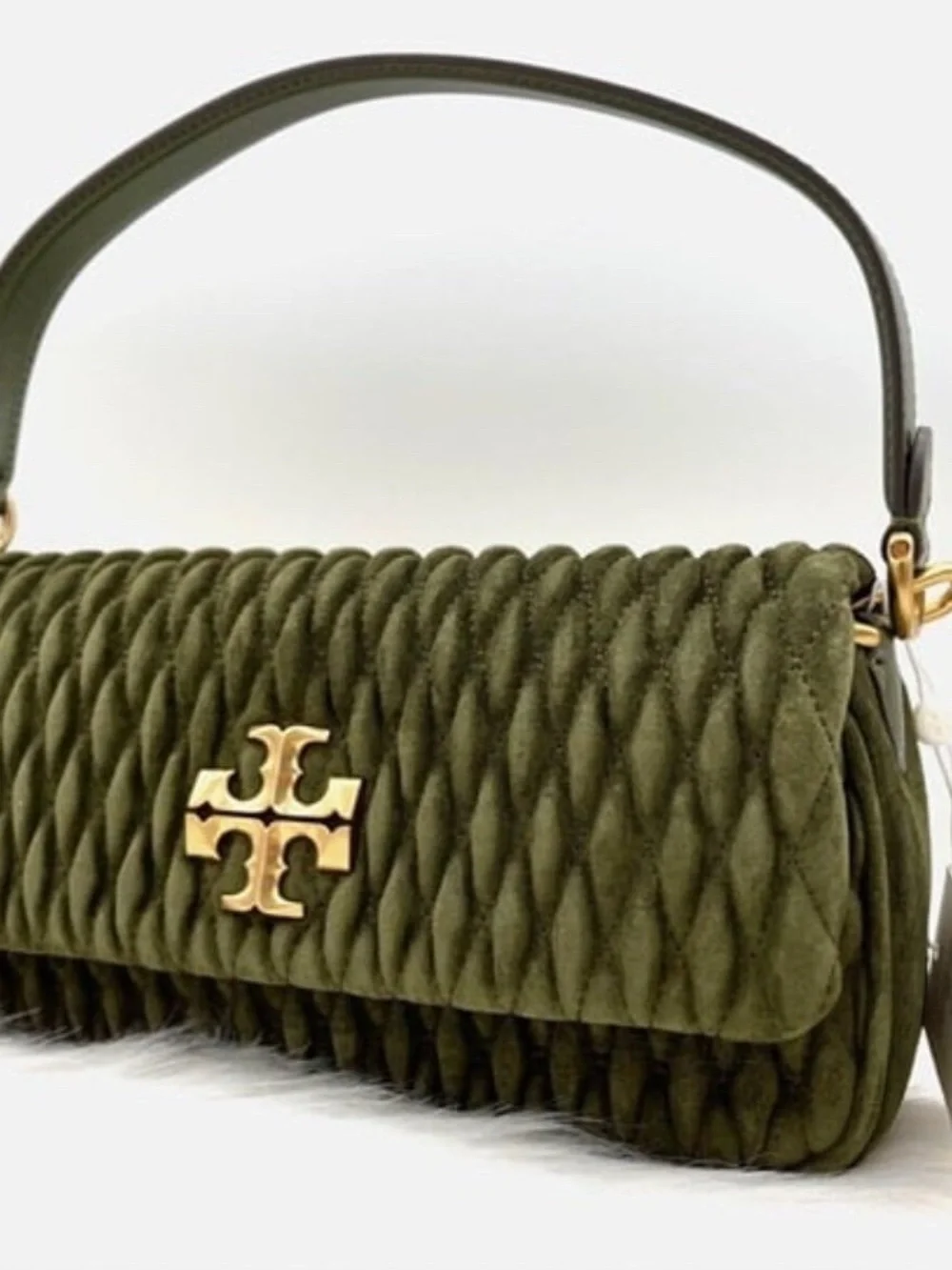 Tory Burch Olive Green Quilted Velvet Shoulder Bag with Gold Logo